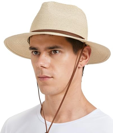 Zylioo S/M/L/XL/XXL Chapeau de paille Chapeau de soleil Chapeau de soleil Grande / Petite tête Protection UV Paille Chapeau d'été Chapeau de plage pour vacances Homme Femme, Mentonnière beige, L