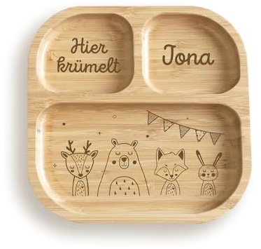 hellomini Personalisierter Babyteller mit Saugnapf – Individueller Kinderteller aus hochwertigem Bambusholz – Geschenk zur Geburt & Taufe – BPA-frei (Tiere, Nur Teller)