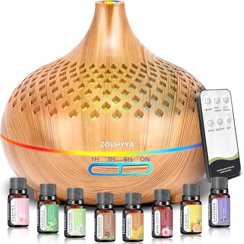 ZOVHYYA 500ml Essential Oil Diffuser with 8 Oils Set, Remote Control Aromatherapy Diffusers for Home, Ultrasonic Humidifier with 14 Colour Lights, Adjustable Mist, Auto-Off Function, Timer for Bedroom