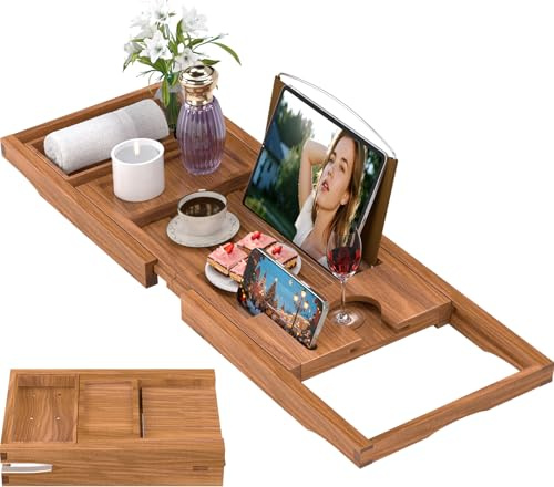 Premium-Badewannentablett aus Teakholz, erweiterbares Badewannentablett aus Holz für die Badewanne, luxuriöses Badezimmer-Zubehör, tolles Geschenk für Hauseinweihung, Jahrestag, Hochzeit und