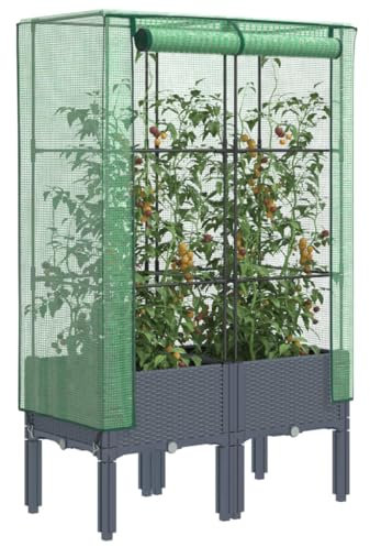 CozyAbode Hochbeet mit Gewächshaus Aufsatz Rattan Optik 80x40x140 cm Blaugrau