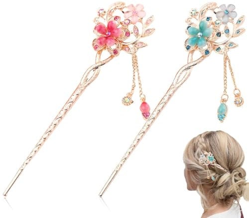 HAMKU 2 Pcs Baguettes à cheveux vintage avec fleurs opales - Décoration chinoise - Ancienne pince à cheveux Barrette à cheveux rétro pour femme et fille, baguette cheveux（rouge + Bleu