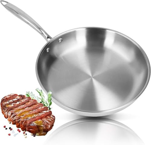 Edelstahl-Bratpfanne, Skillet-Pfanne, Verdickte 304 Edelstahlpfanne, 3-Schicht Unbeschichtete Edelstahl-Bratpfanne mit Ergonomischem Griff für Kochen & Omelette,26cm