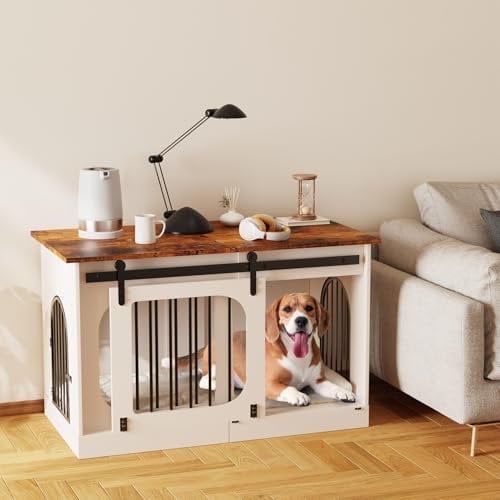 YDTOP XL Dog Crate Furniture, 100cm Wooden Dog Cage with Removable Cushion, Three Door Dog Crate with Barn Door, Indoor Dog Kennel, End Table, for Small Medium Large Dogs (Rustic Brown + White)