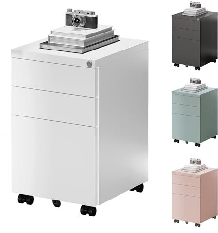 FLEXISPOT Rollcontainer Kleiner Schrank mit 3 Schubladen, mobiler Aktenschrank mit Rollen, abschließbarer Büroschrank für Büro & Homeoffice, Anti-Kipp, 44 x 37 x 60 cm, Weiß