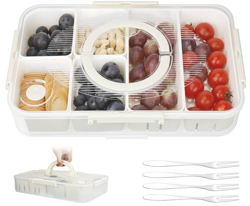OSTWOLKE Snackbox mit Fächern, Snackteller aus PP (6 Fächern + 4 Edelstahlgabeln), Tragbare Snackboxen mit Deckel und Griff für Gesunde Snacks Obst Nüsse Keksen Süßigkeiten, für Partys, Picnic