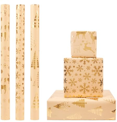 Gold Weihnachts-Geschenkpapierrolle, 3 Rollen 43cm x 3m Kraft Weihnachts-Geschenkpapier, Weihnachts-Geschenkpapier für Weihnachten, Party, festliche Dekorationen
