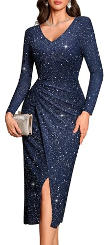 Bbonlinedress Glitzer Kleid Damen elegant Maxilang Langarm Winterkleider festliches Weihnachtskleid mit Pailletten Party Bodycon Cocktailkleid Navy 2XL