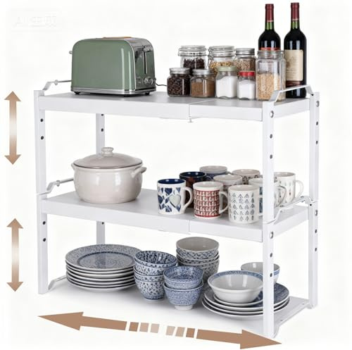 Küchenregal Arbeitsplatte Organizer, Schrankregal Ausziehbares 32-53cm, Regaleinsatz für Küchenschrank mit 3 Höhen, Stabiles Teleskopregal Küche, Weiße - Ideal als Tischregal oder Gewürzregal