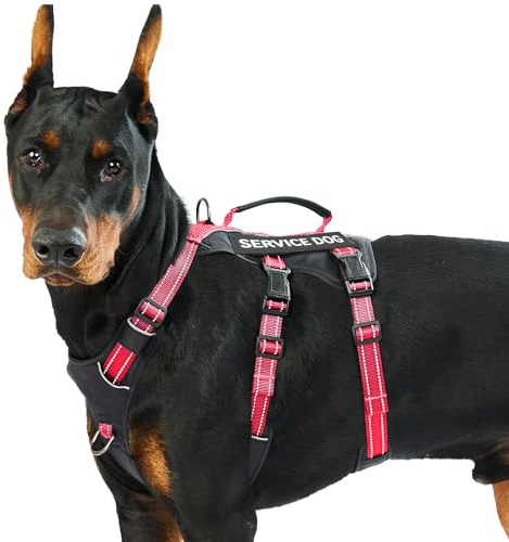 Huntboo Hundegeschirr Grosse Hunde, Sicherheitsgeschirr Hund Ausbruchsicher mit 6 Patches, Service Geschirr Hund mit Griff, Anti Zug Hundegeschirr, Verstellbar, 2 D-Ringe, Reflektierend (Rot,L)