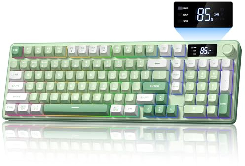 Keymatic Gaming Keyboard Wireless Creamy Keyboard with Media Knob & Screen Cute Keyboard Mechanical Feeling with Number Pad RGB Backlit Tri-Mode BT/2.4GHz/USB-C - Green