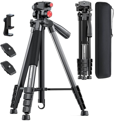 CAMBOFOTO Trípode para Cámara y Móvil 183 cm Aluminio Profesional, Negro | Trípode para cámara réflex y smartphone con soporte de móvil, placa rápida 1/4, bolsa de transporte, ligero para viaje