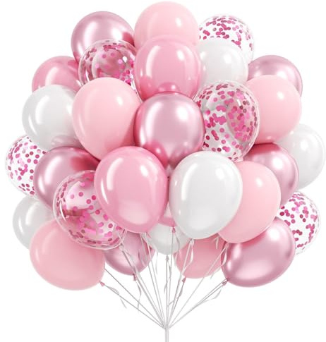 QIFU Palloncini Rosa Bianco, 12Pollici Palloncini Compleanno Bianco Palloncinis Coriandoli Rosa Per Birthday Compleanno Baby Shower Battesimo Bimba Decorazioni Matrimonio Fidanzamento San Valentino