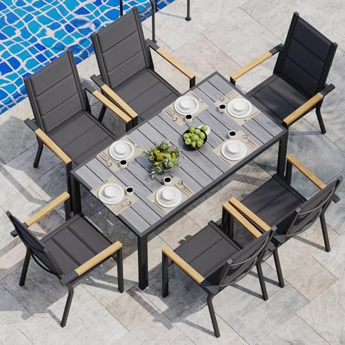 JUMMICO Set di Arredo da Giardino 6 Persone, Set di Tavolo 150 cm Design a Vena di Legno e 6 Sedie Impilabili da Esterno in Alluminio, Ideale per Cortile, Terrazza o Ai Margini della Piscina(Grigio)