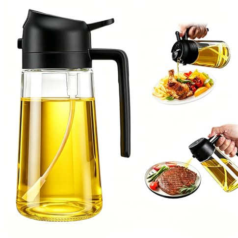 NEXROLA Aceitera Spray Pulverizador y Dispensador de Aceite 2 en 1, Botella de Vidrio de 470ml con Boquilla Antigoteo, Pulverizador Aceite Spray para Freidora de Aire, Cocina, Barbacoa y Ensaladas