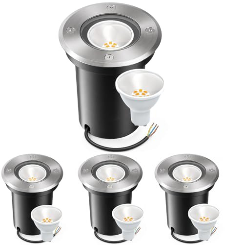 Bigzom 4er Set Bodenstrahler Außen IP67 Rund 230V LED GU10 3W Warmweiß | Wasserdicht, Bodeneinbaustrahler, Wechselbar, Transparentes Hartglas, Befahrbar
