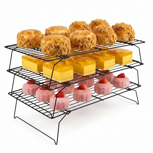 Dexpally Rejilla de Enfriamiento de 3 Niveles 40x25x7.5 cm, de Acero al Carbono, Apilable, con Patas Plegables, Antiadherente, para Hornear, Enfriar Pasteles, Galletas y Repostería