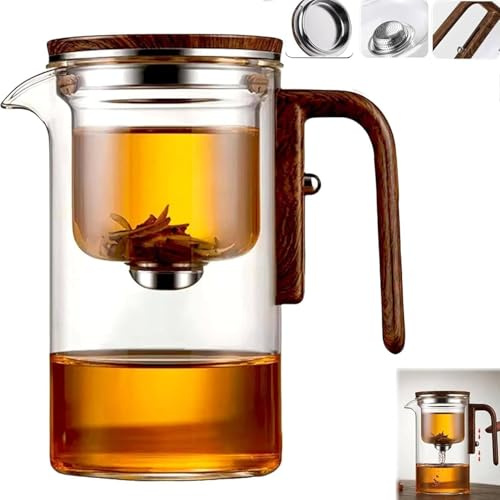 Magic TeaPot, 720ML Water Separation Glass Tea Pot with Wooden Handle, Press Control Magic Tea Infuser, for Loose Tea Kettle Witchcraft Teapot