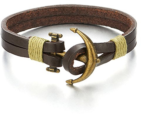COOLSTEELANDBEYOND Herren Damen Bronze Marine Anker Wickeln Armband Schweißband, Zweisträngig Braun Leder, Nautisch Matrose