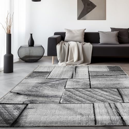 SIMPEX Teppich Wohnzimmer 200x290 cm Schwarz Modern Holz Optik Design Kurzflor Schlafzimmer Esszimmer Küche Jugendzimmer Waschbar Pflegeleicht Extra Weich