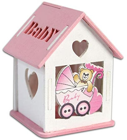 Vetrineinrete® Scatoline portaconfetti 36 Pezzi Forma di casetta con Tetto apribile per Confetti per scatole con Incisione Cuore bomboniere segnaposto in Legno per Nascita Battesimo (Rosa)