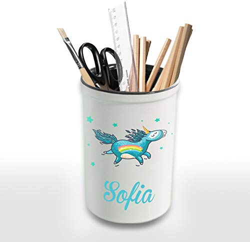 Personalised Ceramic Pencil Pot/Holder Any Custom Name, a Bespoke Made Printed Pencil Pot, Blue Unicorn Design