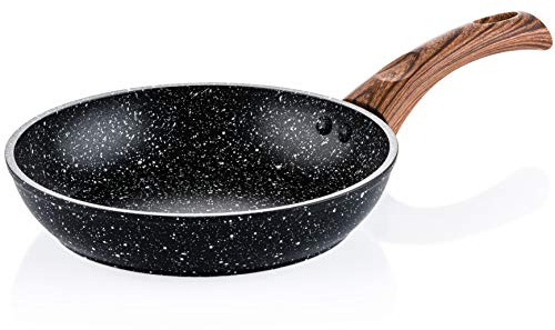 Westinghouse Wood Marble Bratpfanne 20cm, 3-lagige Marmor-Antihaftbeschichtung, aus geschmiedetem Aluminium, Induktionsgeeignet, Silikonbeschichteter Griff in Holzoptik, Spülmaschinenfest, schwarz