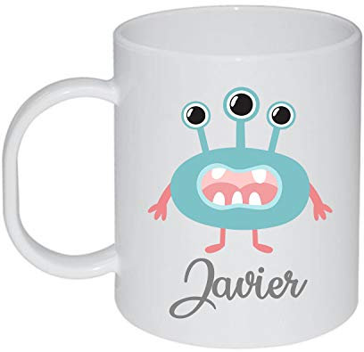 Kembilove Taza de Desayuno Infantil Personalizada – Tazas Plástico Personalizadas con el Nombre del Niño o Niña Vuelta al Cole – Diseño Muñecos Antenas