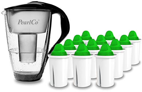 PearlCo - Carafe avec filtre à eau en verre - noir - 12 cartouches Alkaline classic incluse (compatible avec Brita Classic)