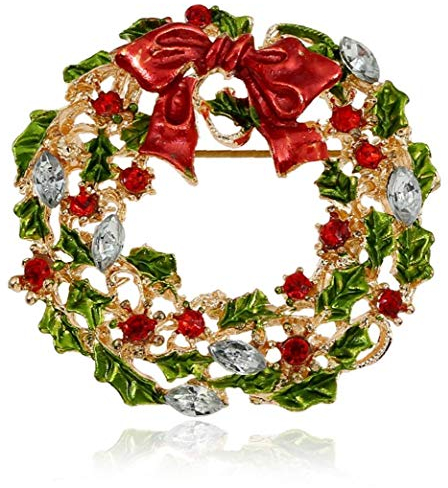 Lankater Weihnachtsbrosche Ornament Grün Rot Kristall Runden Kranz Brosche Legierungpin-Kleidung Zubehör Für Unisex