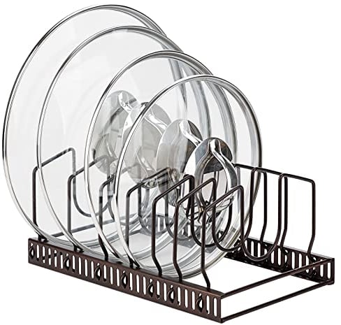 Toplife Pot Lid Organiser Rack for Kitchen Cupboard or Pantry, with 7 Adjustable Compartments, Brown