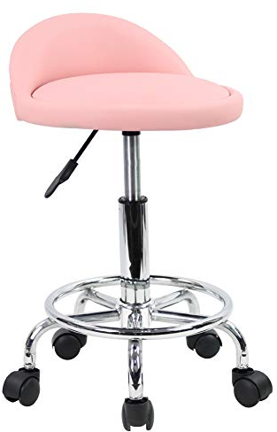 KKTONER Rollhocker Bürostuhl Drehstuhl, höhenverstellbarer, Drehhocker mit niedriger Rückenlehne und Fußstütze, aus PU Leder Rosa