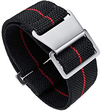 BINLUN Nylon Uhrenarmband Elastic Marinetaucher Fabric Nylon-Armbänder Stoff Militär Ersatz-armband Uhr Hakenverschluss Damen&Herren 18/20/22mm(Schwarz-Rot,Silberne Schnalle,20mm)