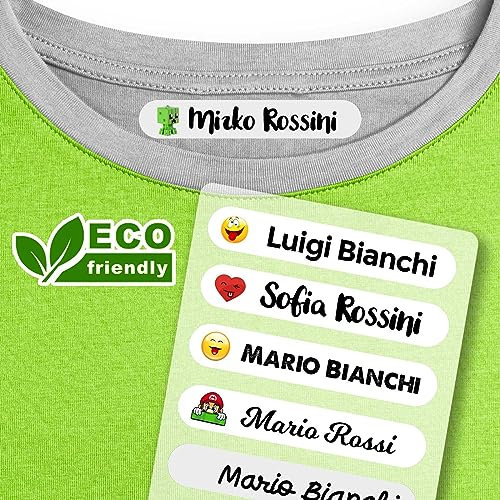 80 Etichette termoadesive Personalizzate per vestiti ECO-CERTIFICATE - DIVISIBILI anche con 2 NOMI DIVERSI. Perfette per la scuola, asilo, sarte. (Applicazione in 15 sec. con ferro da stiro)