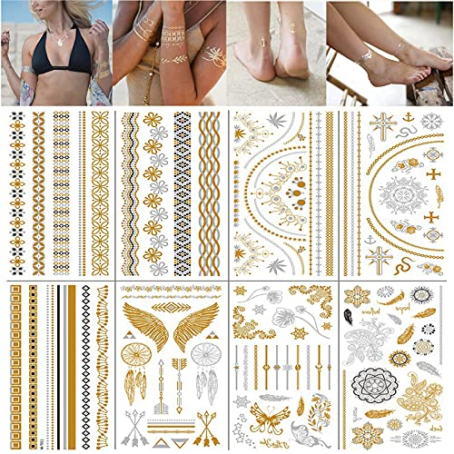 SHULLIN Metallic temporäre Tattoos 10 Blätter Mandala Klebe Tattoos Wasserdichte Metallic Flash Tattoos in Gold und Silber Schmuck Tattoos Über 100 Typen für Frauen Mädchen Body Art