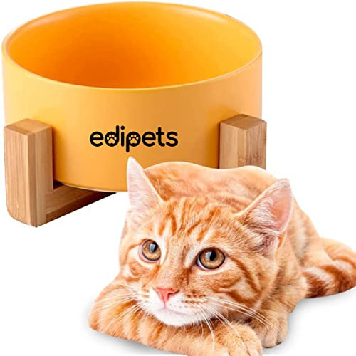 Edipets, Comedero Perro Gato, 400, 800 y 1900 ml, Cerámica, Individual y Doble, Soporte de Bambú Antideslizante, Pequeño Mediano y Grande, 5 Colores (Simple Pequeño, Amarillo)