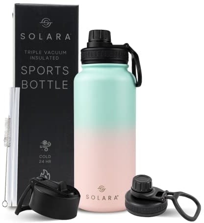 SOLARA Insulated Water Bottle with Straw | Stainless Steel Water Bottle | Drinking Bottles for Adults | Metal Water Bottle with Straw and Sports Lid | 1l Water Bottle | 32oz | Pink Teal