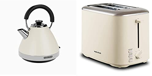 Morphy Richards Venture Cream Pyramid Kettle - 1.5L - 3kW - Rapid Boil - 100132 & Equip Cream 2 Slice Toaster - Defrost And Reheat Settings - 2 Slot - Stainless Steel - 222065