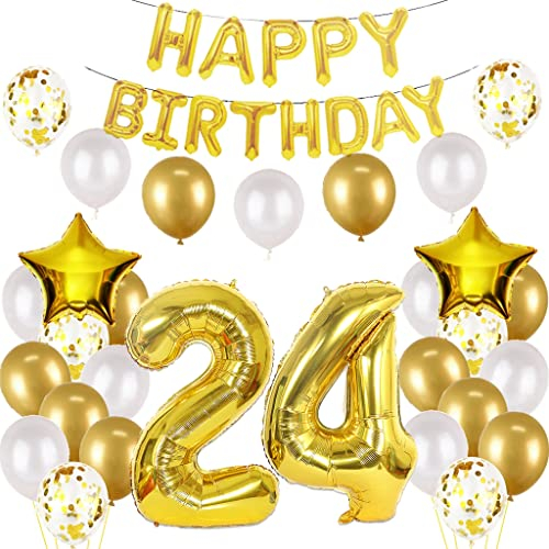 Luftballon 24. Geburtstag Deko Gold - Folienballon 24 Jahre Happy Birthday - Dekoration für Mann und Frau