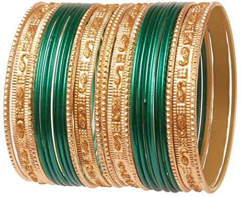 Touchstone Indische Bollywood „Bunte 2 Dutzend Armreifen-Kollektion“ Golden Glitters texturiert Teal grüne Farbe Designer-Schmuck spezielle Armreifen Armbänder Set von 24 in Gold Tone für Frauen.
