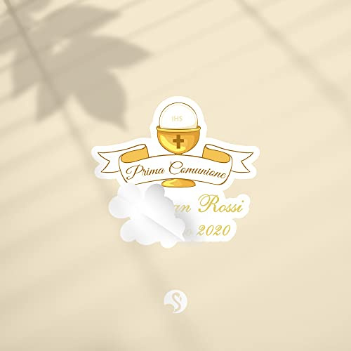 Kamiustore Stickers personalizzati per bomboniere - Set di 50 adesivi chiudibusta 'Calice' con nome e data comunione, Vinile, Opaco, Classico, Uso singolo, Quadrato, Oro, Adesivi