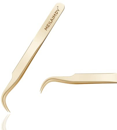 MEILAIMDY Pince À Épiler À Bout Pointu Incurvé Pour Extensions De Cils - Outils Professionnels Pince À Épiler De Précision En Acier Inoxydable Pour Le Volume Et Les Faux Cils Individuels (Or)