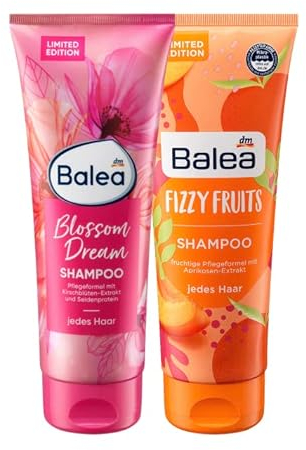 Balea 2er-Set Haarpflege: Shampoo BLOSSOM DREAM mit Kirschblüten-Extrakt & Seidenprotein (250 ml) + Shampoo Fizzy Fruits mit Aprikosen-Extrakt (250 ml), 500 ml