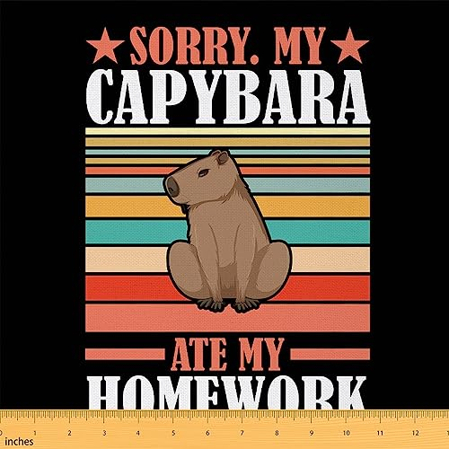 Capybara Polsterung Stoff,Kinder Lustige Capybara Stoff durch die Hof,Regenbogen Streifen Dekor Stoff,Nette Maus Nagetiere Liebhaber im Freien Stoff für Bettdeckeen Nähen,Schwarz 184x150 (HxB)
