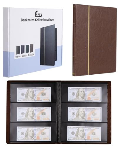 Fippy 60 Taschen Banknotenalbum Papier Geldsammelalbum für Sammler, Leder Währungssammlung Aufbewahrungsalbum für Banknote Rechnung Stempel Aufbewahrung Display (Braun)