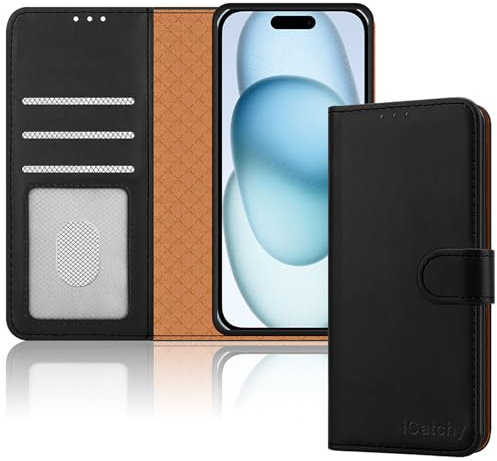 iCatchy for iPhone 15 Case Leather Wallet Flip Protective Cover with Wallet Card Holder Magnetic Closure Kickstand Shockproof Phone Cover Compatible With iPhone 15 (Black)