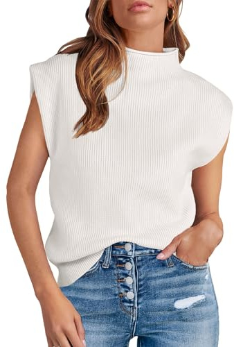 Amarmia Damen Mock Neck Ärmellose Pullover Weste Casual Solid Cap Sleeve Knit Pullover Tank Tops 2023 Colthes, Weiss/opulenter Garten, Groß