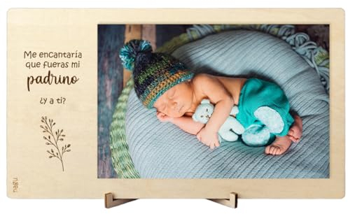 nagu® Marco De Madera Con Frase Quieres Ser Mi Padrino - Fotos Personalizadas Regalo Para Padrinos Bautizo Propuesta - 12.5 x 22 cm Para Fotos 10x15 cm, Incluye Soporte