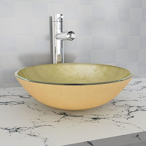Lavabo da appoggio, Lavabo da appoggio, Lavabo Lavandino a Mano Vetro Temperato 42 cm Oro