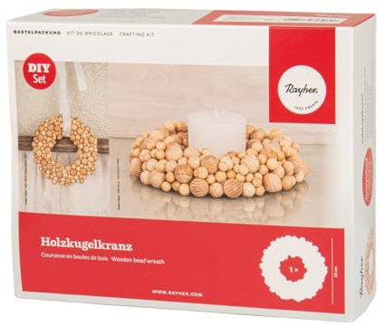 Rayher Holzkugelkranz, DIY-Set, 330 Rohholzkugeln, FSC zertifiziert, 1 Styropor Ring 17 cm ø, Bastelpackung Kranz aus Holzkugeln, Dekokranz, 64613000